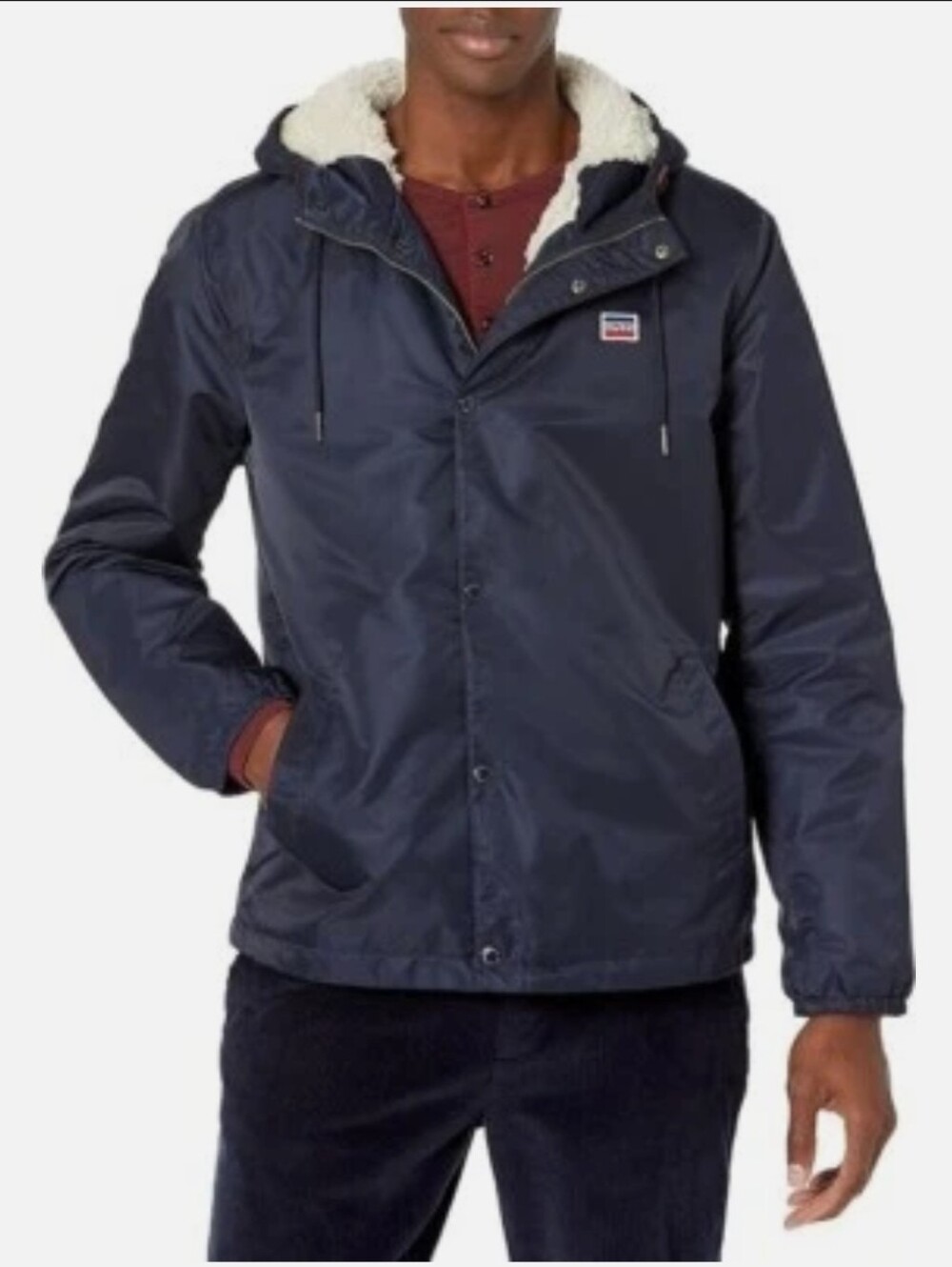 Men's Levi's Navy Hooded Coach Jacket with Sherpa Lining - Picture 1 of 8